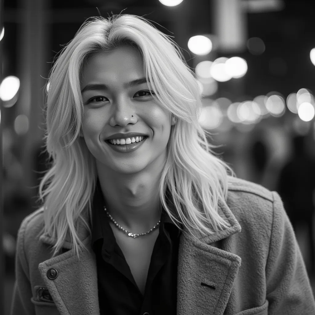 Felix with longest blonde hair with fur blazer He appears smiling showing teeth photo in black and white