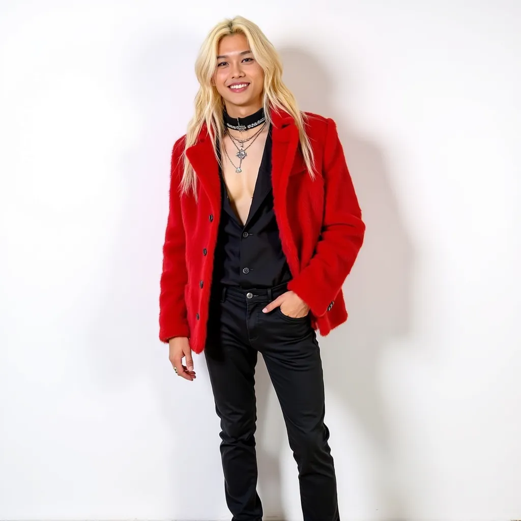 Felix with longest blonde hair red fur blazer black choker with F on choker Diamonds black shoes black pants He appears smiling showing teeth photoshoot in white background