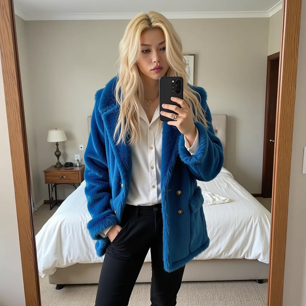 Felix with longest blonde hair white shirt blue fur blazer  black pants red shoes He appears making fish lips selfie with cellphone in bedroom in Sydney   ,  Australia