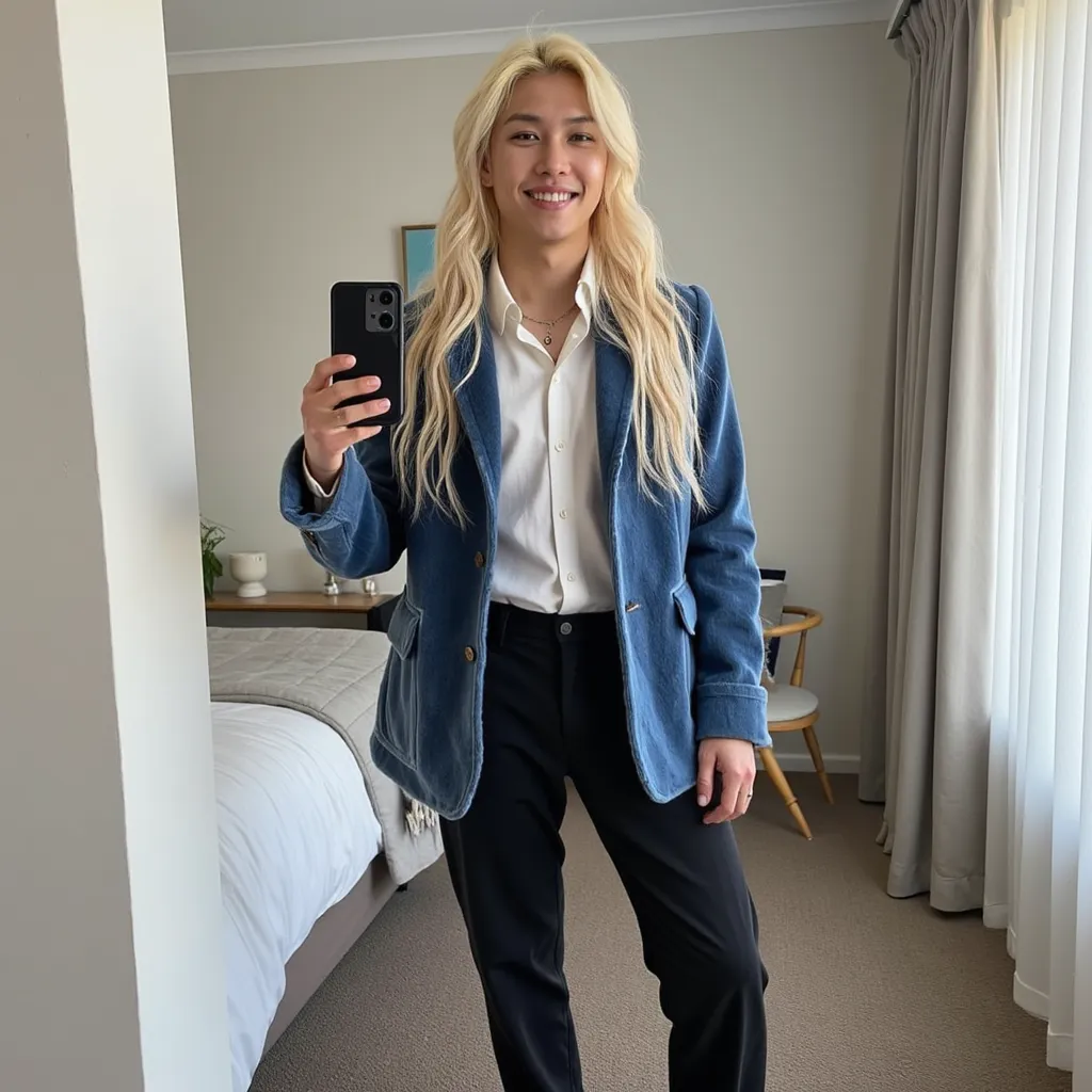 Felix with longest blonde hair white shirt blue fur blazer  black pants red shoes He appears smile selfie with cellphone in bedroom in Sydney   ,  Australia