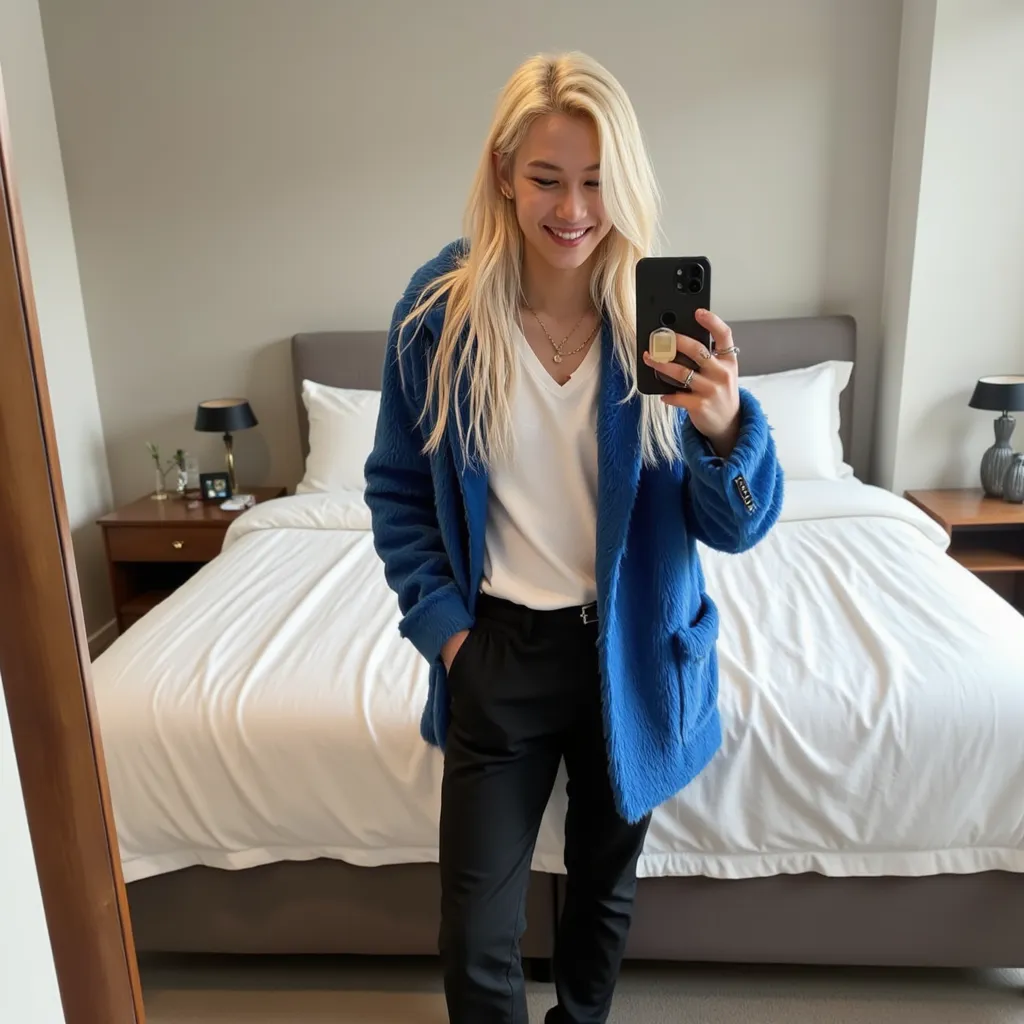 Felix with longest blonde hair white shirt blue fur blazer  black pants red shoes He appears smiling and closed  only one eye selfie with cellphone in bedroom in Sydney   ,  Australia