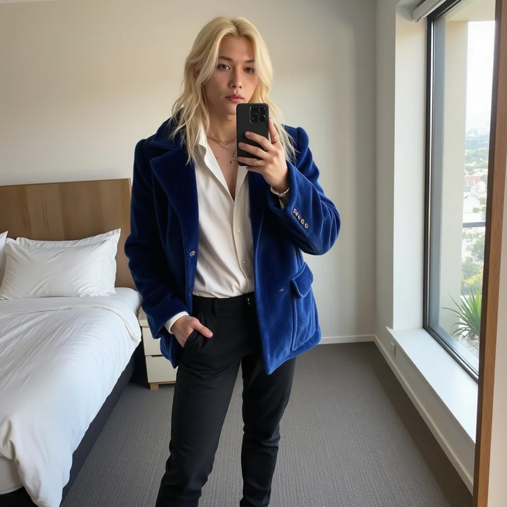 Felix with longest blonde hair white shirt blue fur blazer  black pants red shoes He appears confident selfie with cellphone in bedroom in Sydney   ,  Australia