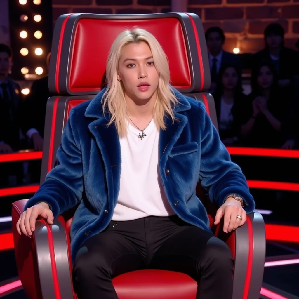 Felix with longest blonde hair white shirt blue fur blazer  black pants red shoes He appears making shocked in The Voice chair
