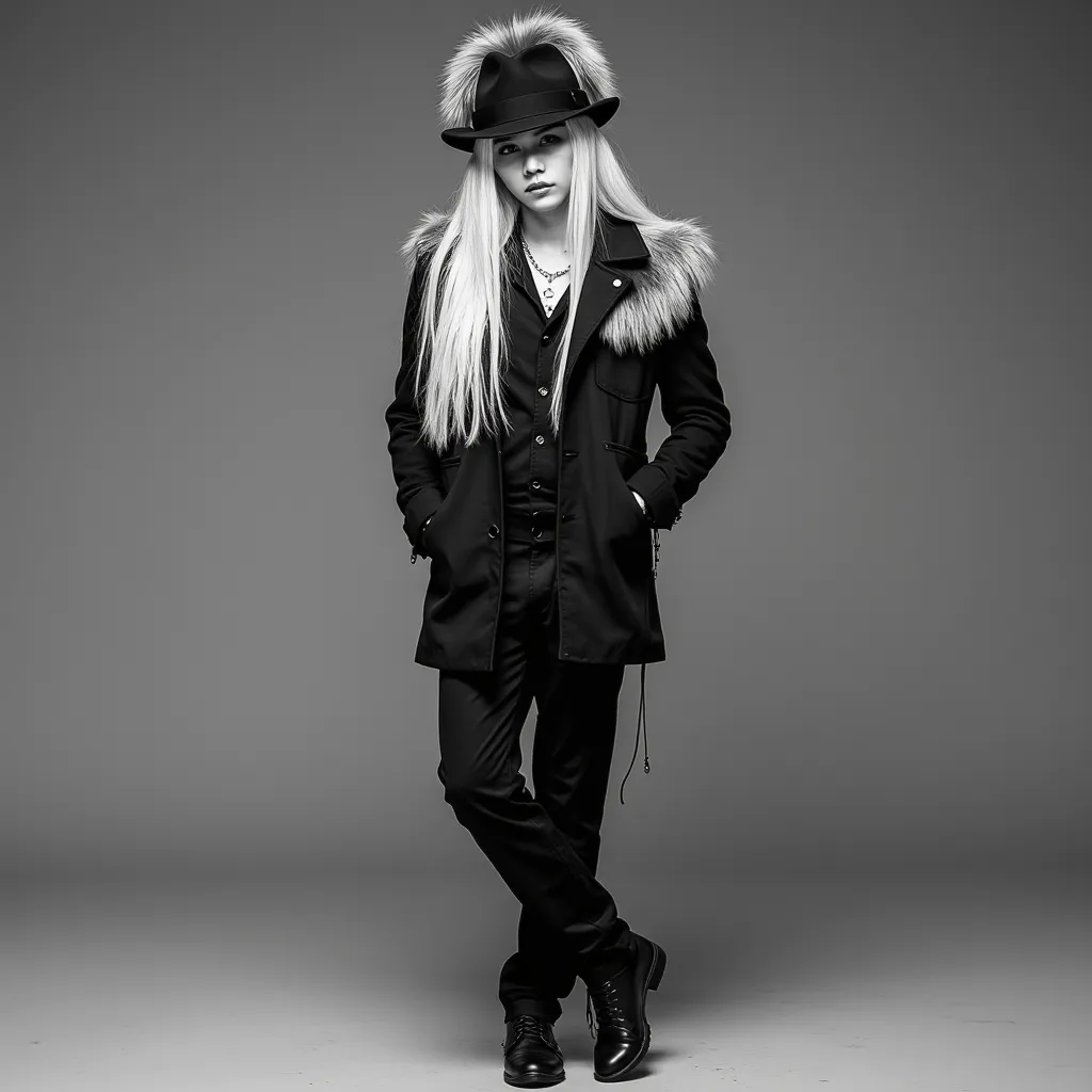 Felix with longest blonde hair fur blazer hat that show your hair pants with pockets shoes He appears serious making fish lips photo in black and white