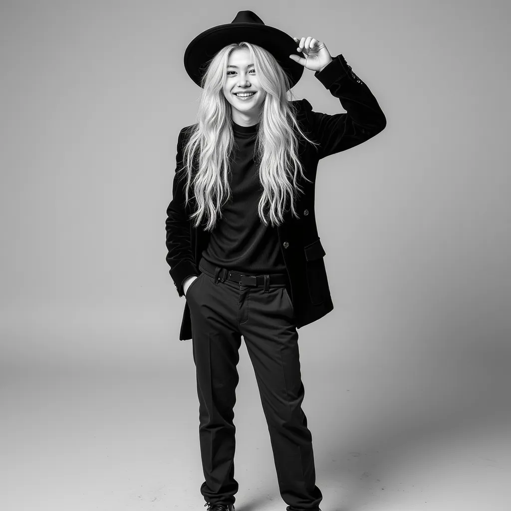 Felix with longest blonde hair with hat that show your hair fur blazer pants shoes He appears smiling  showing teeth photo in black and white