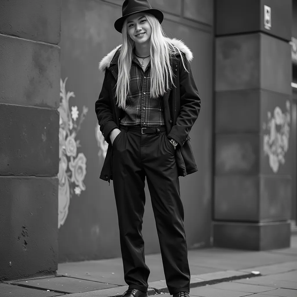Felix with longest blonde hair with hat that show your hair fur blazer pants shoes He making soft smile photo in black and white