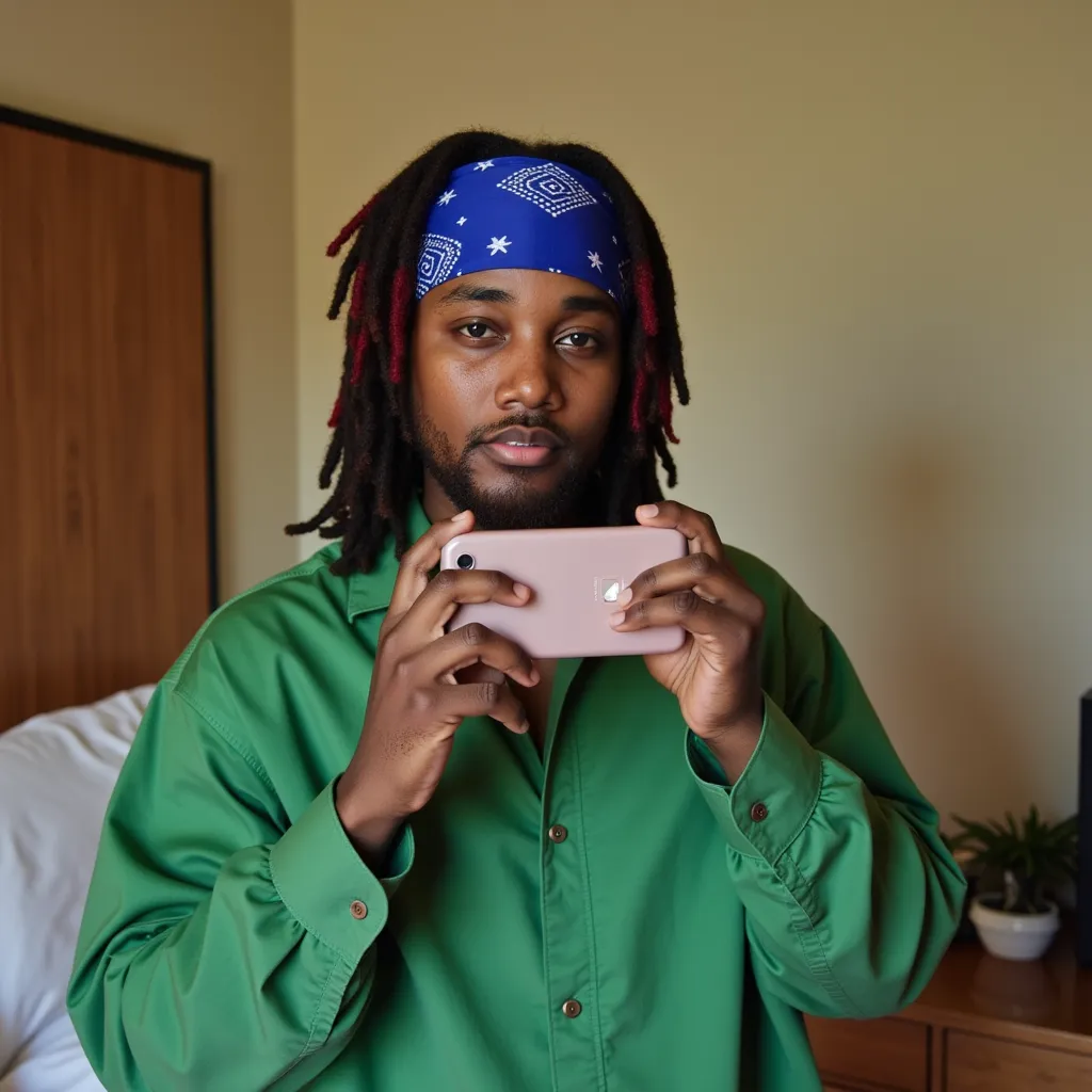 Leon Thomas with green shirt blue bandanna in head selfie with cellphone in bedroom in Los Angeles