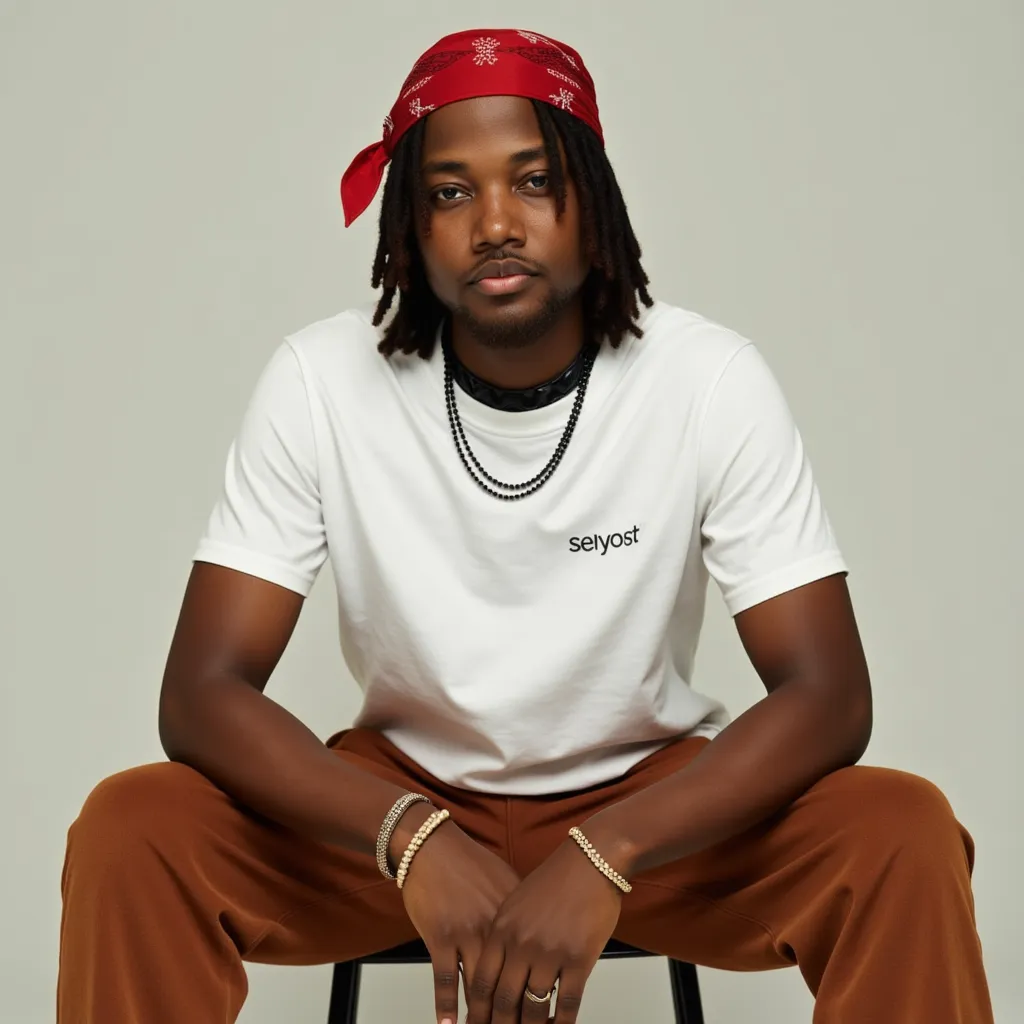 Leon Thomas with white T-shirt red bandanna in head black cord black choker brown pants black shoes posing in Magazine cape Vogue magazine Best Singer in Best Moment