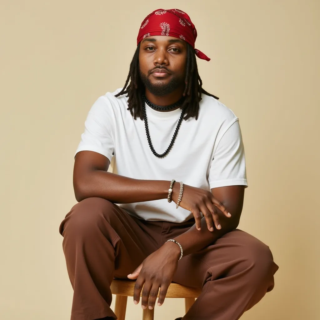 Leon Thomas with white T-shirt red bandanna in head black cord black choker brown pants black shoes posing in Magazine cape Vogue magazine Best Singer in Best Moment confident expression