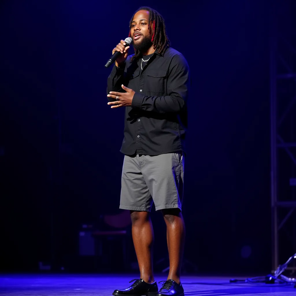 Leon Thomas  with black regatta grey short black shoes singing in stage in Los Angeles