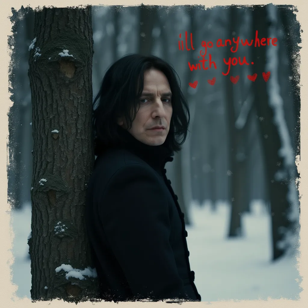 Polaroid filter Close up, moody night picture of Severus Snape hiding shyly behind a tree, the background is a gray forest on a snowy night, hands behind his back, wearing stylish black winter clothes. Red handwritten text on the image reads "i'll go anywhere with you," accompanied by small red hearts.