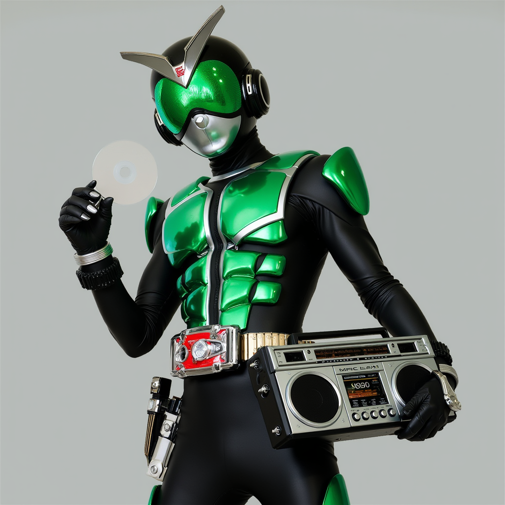 Kamen Rider, Radio Themed, Musical Helmet, Green Eyes, Black And Green and Silver Suit, Boombox As a Belt, Grabing a CD Disc As A Service,