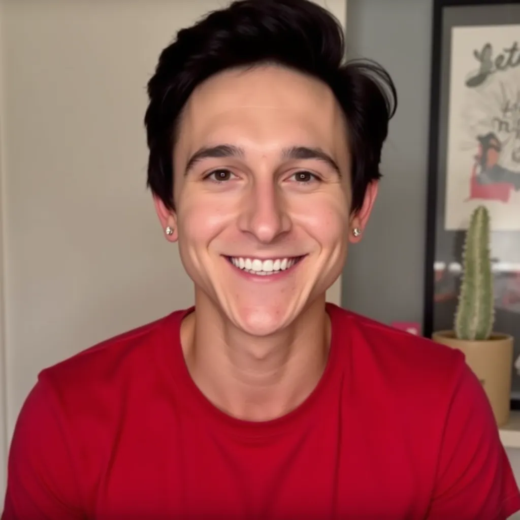 Mitchel Musso  with red shirt in video call Interview in Los Angeles He appears smiling showing teeth