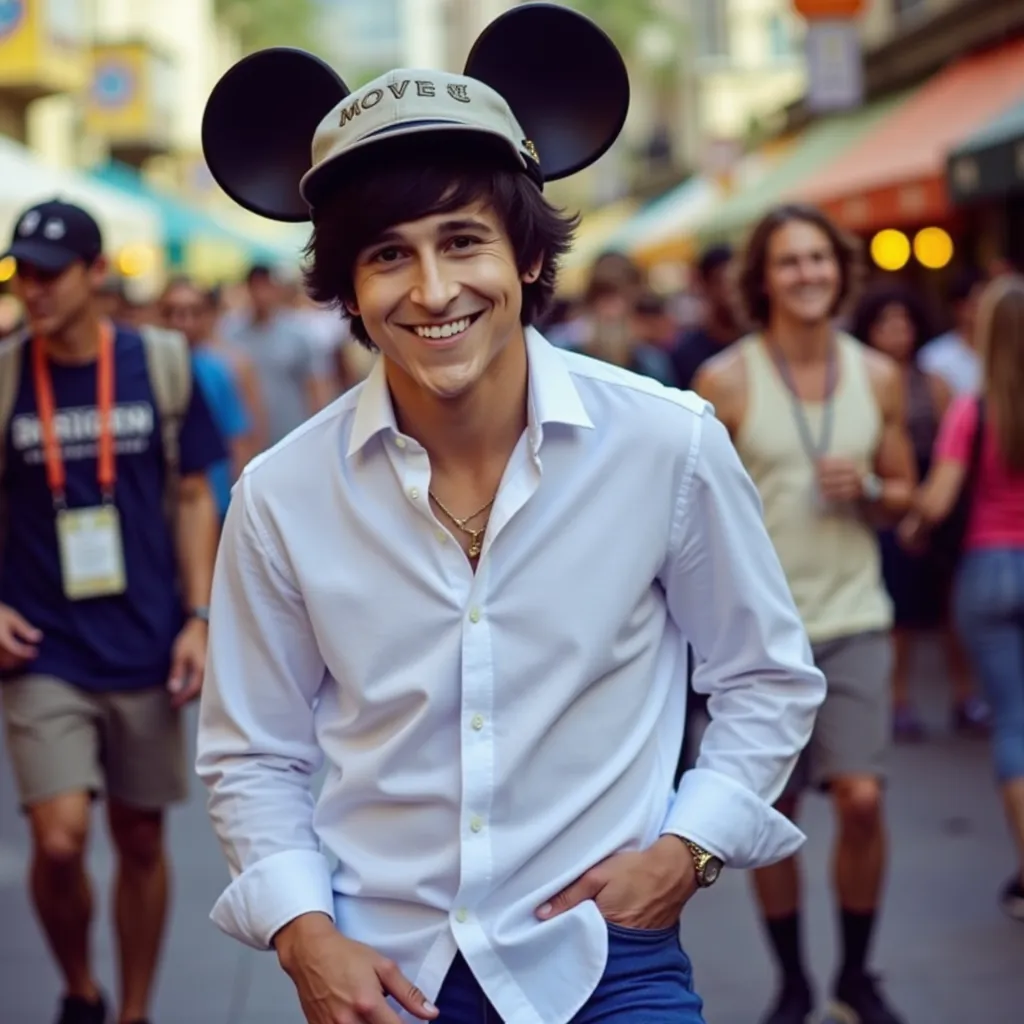 Mitchel Musso with long white shirt He appears with Mickey's hat with ears He appears in Disneyland in Orlando He appears smiling showing teeth He wears blue pants black shoes