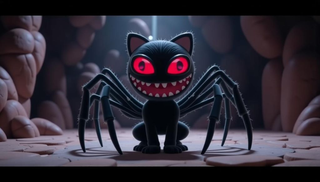 A high quality 256k poster from disney/pixar. Style pixar and Disney. The title is "Spiderkat". It depicts a creepy and adorable emoji cat that looks like a hybrid of spider and cat. It has black fur, six red eyes, a vertical mouth, and four arms. The background is a cave setting.