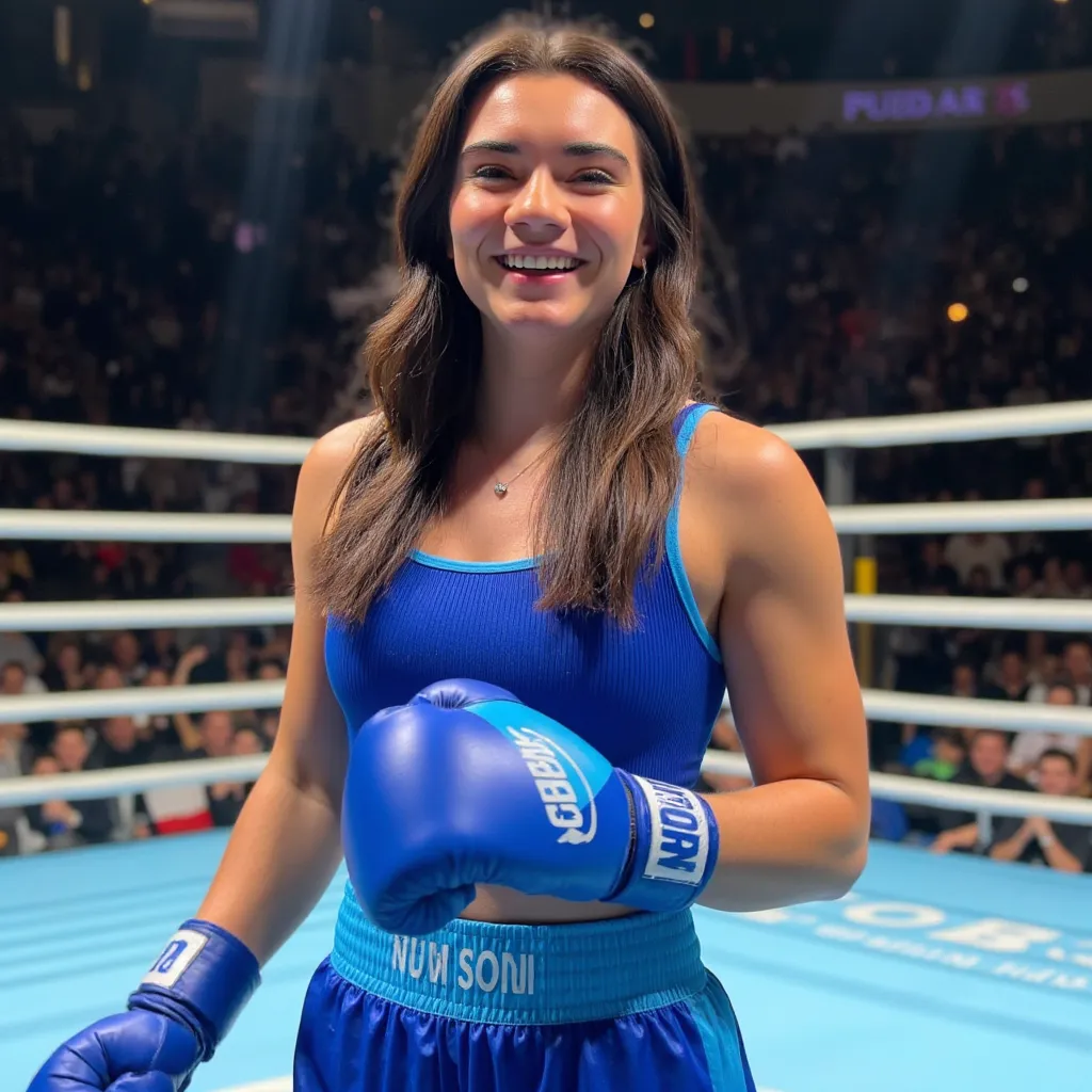 Brett Cooper with straight long hair, wearing earrings, wearing blue tank top, wearing blue boxing trunks with light blue trims, wearing blue and light blue boxing gloves, wearing boxing shoes, boxing ring, female, smile, side profile photograph, realistic style, studio lighting, medium telephoto lens, high resolution, 8K detail, natural light, (sharp focus:1.2), (HDR:1.1).