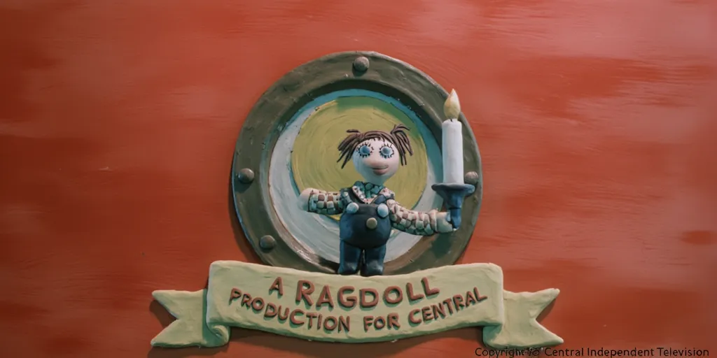 a clay painting of a red background, we see Stanley (colorized with brown hair) in checkered black and white overalls obscured inside a porthole. The ragdoll is still holding the candle over his

head, with a "yellow sun" behind it. Below the porthole is a curved banner with red text saying "A Ragdoll Production for Central" and a copyright date for Central Independent Television.