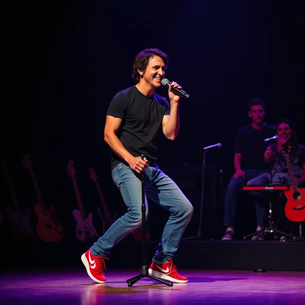 Mitchel Musso with black shirt blue pants red shoes He appears singing happy in stage microphone on tripod in Orlando Florida