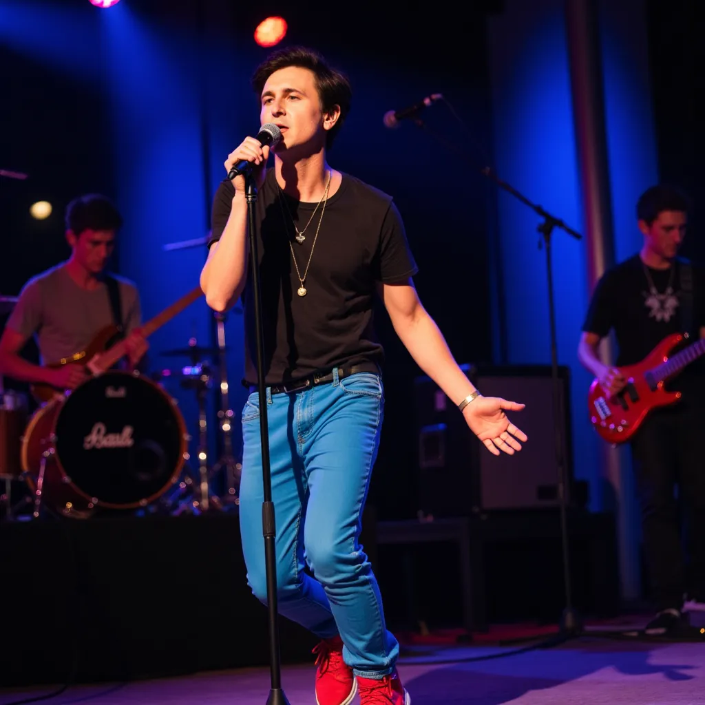 Mitchel Musso with black shirt blue pants red shoes He appears singing  in stage microphone on tripod in Orlando Florida