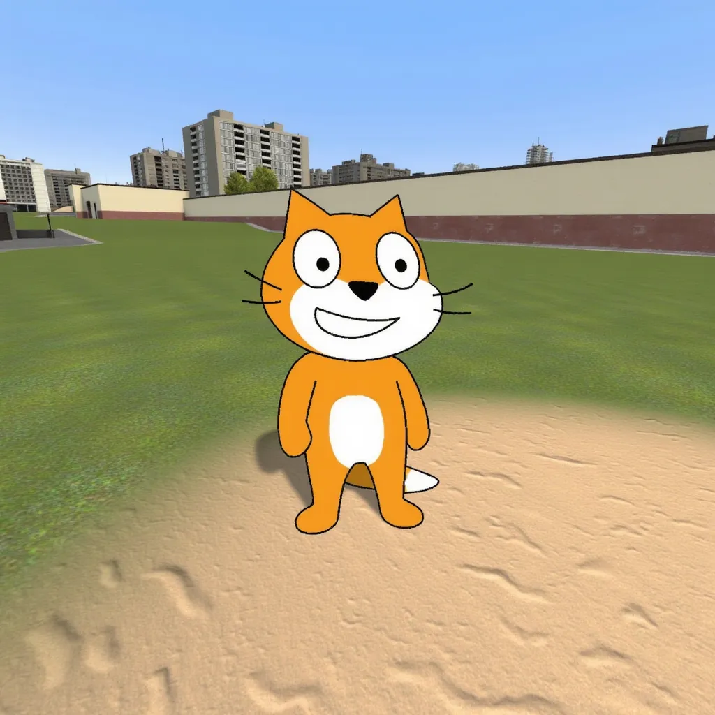 gm_construct, a scene from the video game "Garry's Mod" featuring a virtual urban landscape. The image shows an open area with a mix of grass and sand in the foreground, bordered by modern buildings in the background. The sky is clear and blue, and the environment appears to be part of a digital sandbox setting, and a illustration of the Scratch mascot, an orange cat with a white face and belly, standing upright. It's head is wide. It has 1 orange tail with a white tip. The cat has a big smile and wide eyes. It has orange feet. It has black outlines. It has a white spot on it's torso. It has a small torso.