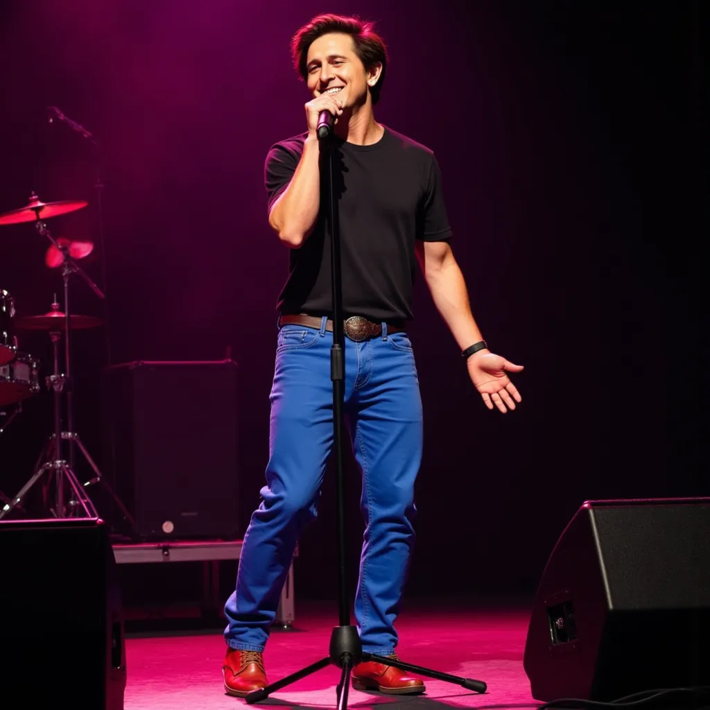 Mitchel Musso with black shirt blue pants red shoes He appears singing  happy in stage microphone on tripod in Orlando Florida