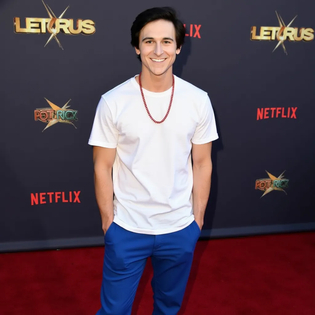 Mitchel Musso with white T-shirt red cord blue pants black shoes He appears smiling showing teeth in Netflix event