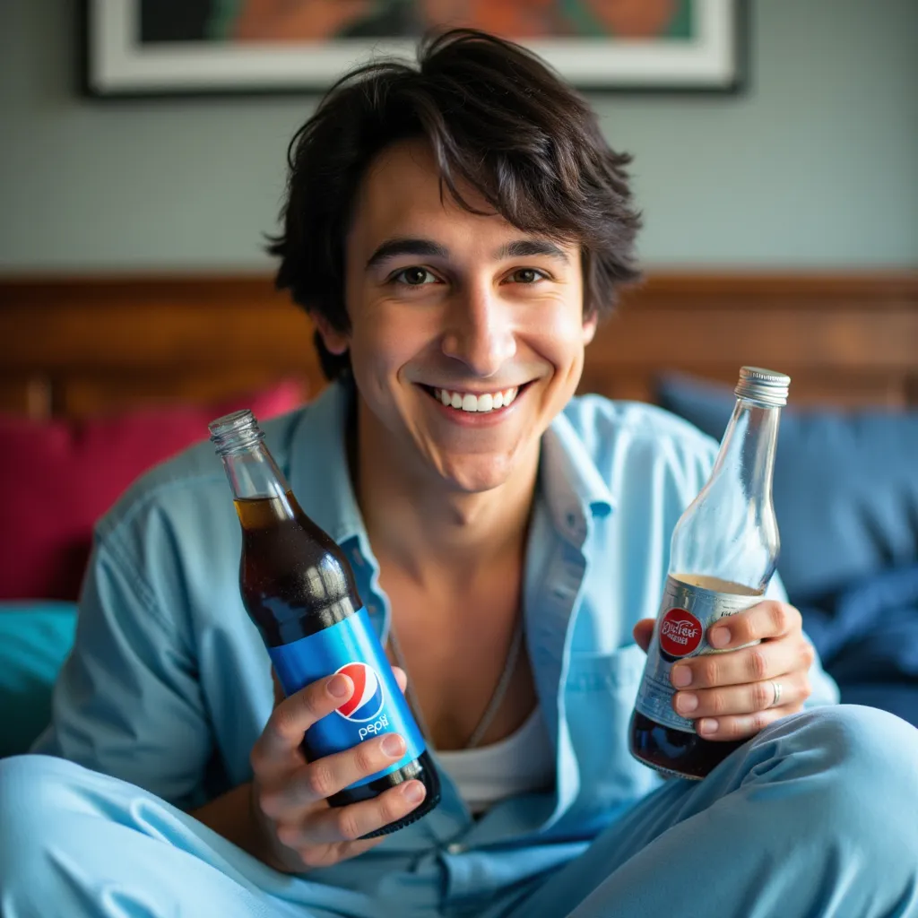 Mitchel Musso with blue bathrob sitting on bed on bedroom in Los Angeles He appears smiling showing teeth with Pepsi bottle in your hand