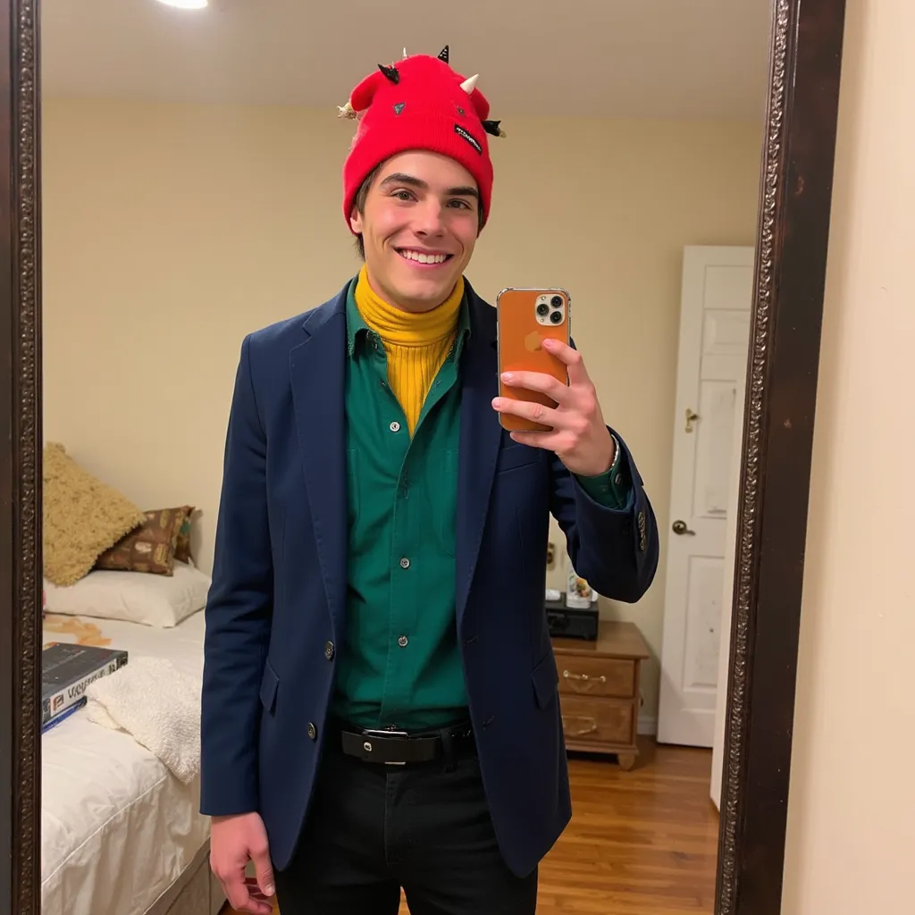 Kevin Quinn with green shirt with bottons black pants black shoes red beanie with pins yellow scarf blue blazer selfie with cellphone smiling showing teeth in bedroom in Illinois