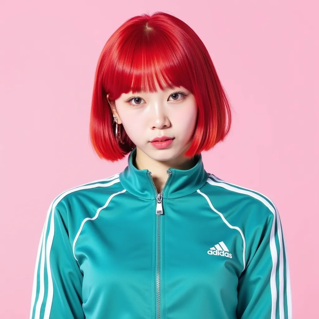 Chaewon,Red Bob haircut,from the show squid game teal tracksuit with white stripes on Shoulders, he set against a light Pink background,looking drectly to the camera