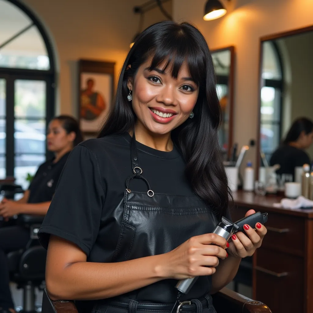 Angela Bofill with straight long black hair and bangs, wearing earrings, wearing barber shirt, wearing barber pants, wearing sneakers, using a hair clipper, barber shop, smile, side profile photograph, realistic style, studio lighting, medium telephoto lens, high resolution, 8K detail, natural light, (sharp focus:1.2), (HDR:1.1)