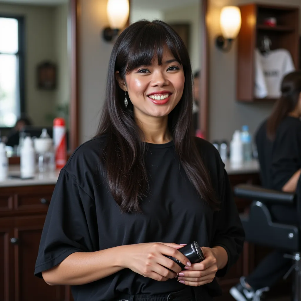 Angela Bofill with straight long black hair and bangs, wearing earrings, wearing barber shirt, wearing barber pants, wearing sneakers, using a hair clipper, barber shop, smile, side profile photograph, realistic style, studio lighting, medium telephoto lens, high resolution, 8K detail, natural light, (sharp focus:1.2), (HDR:1.1)