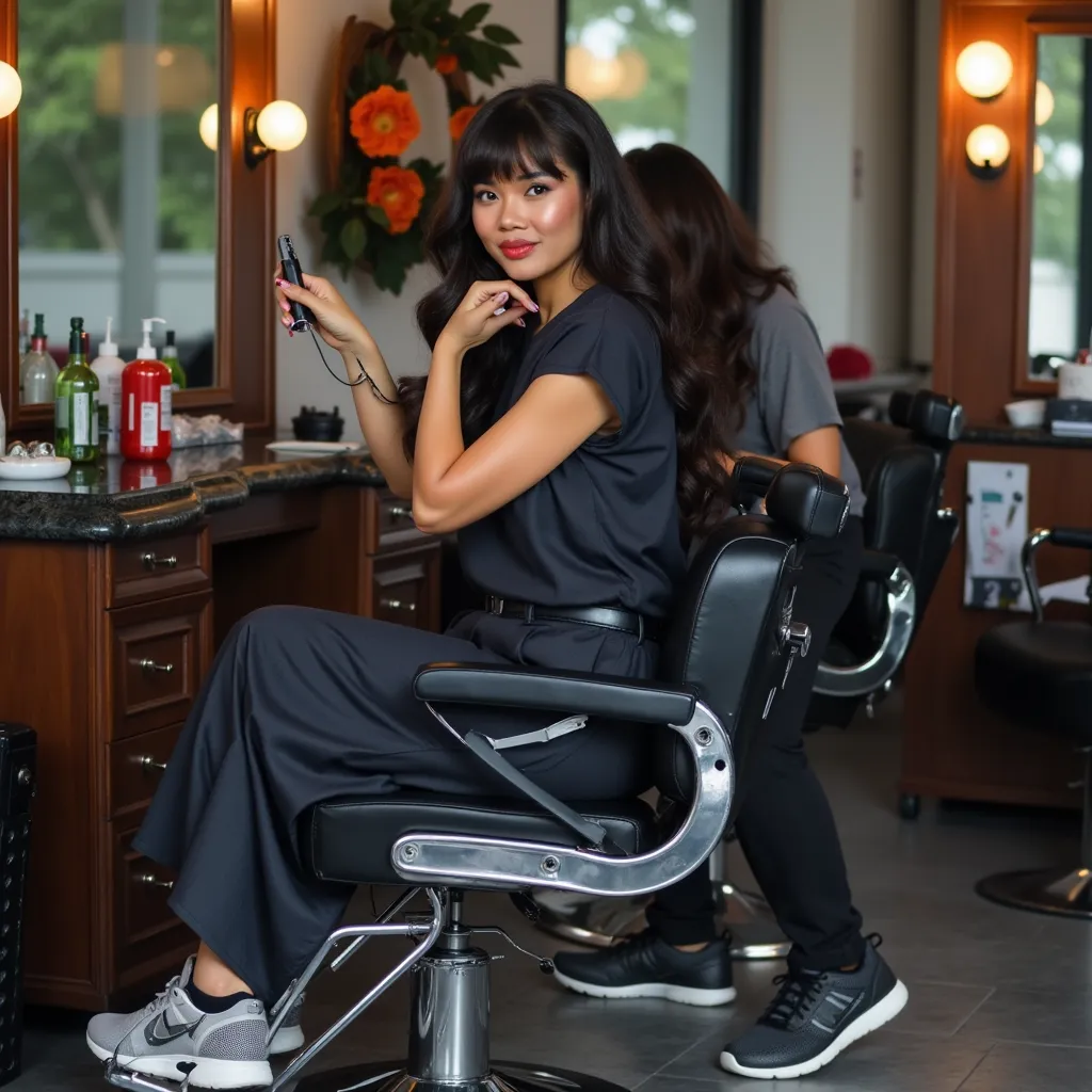 Angela Bofill with straight long black hair and bangs, wearing earrings, wearing barber shirt, wearing barber pants, wearing sneakers, using a hair clipper, barber shop, smile, side profile photograph, realistic style, studio lighting, medium telephoto lens, high resolution, 8K detail, natural light, (sharp focus:1.2), (HDR:1.1)
