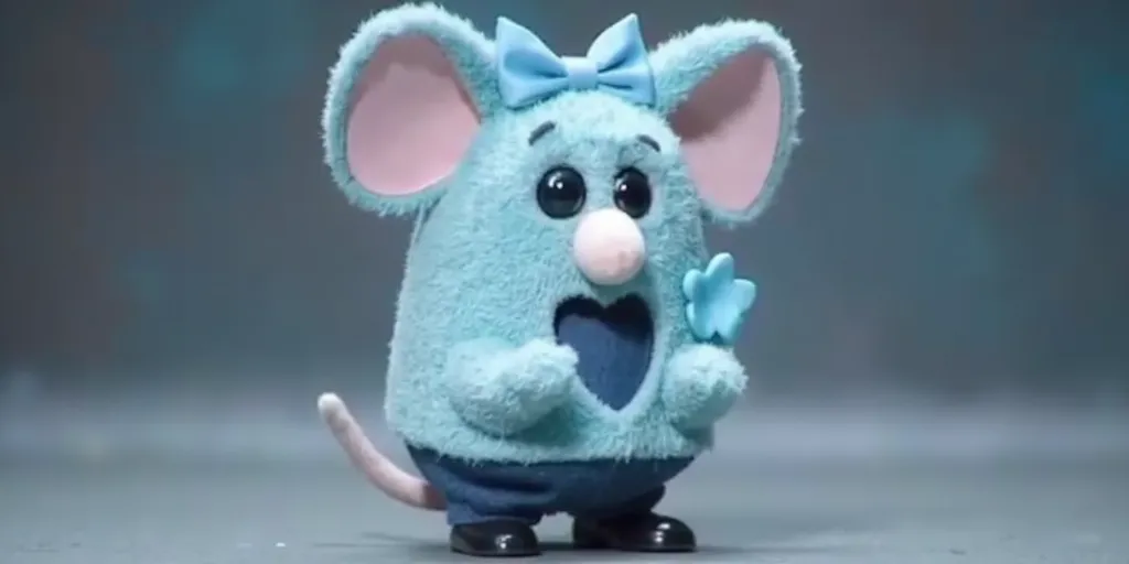 Warehouse Mouse Iciella is an anthropomorphic ice cube with large eyes and dark blue pupils. She wears a light blue long-sleeved crop top with a heart-shaped chest window, dark blue pants, and a pair of black shoes. She also wears a light blue bow on her head