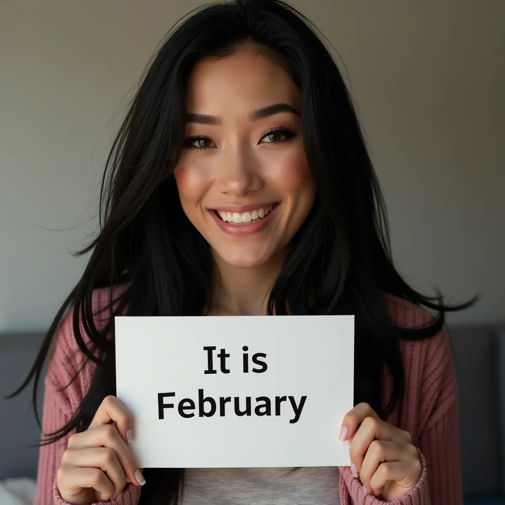 andreabsim women, with black long hair, feeling good, closed mouth, holding a sign saying "It is February.", realistic style, studio lighting, medium telephoto lens, high resolution, 8K detail, natural light