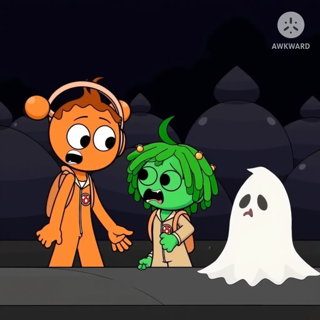 A scene from "Awkward the Sequel: heart" featuring three animated characters. An orange character with a surprised expression and round ears wearing a ghostbuster outfit and headband, a green character with a scared face wearing a ghostbuster outfit and plant-like hair, and a white ghost with a sad expression. They are set against a dark, abstract background with domed structures.