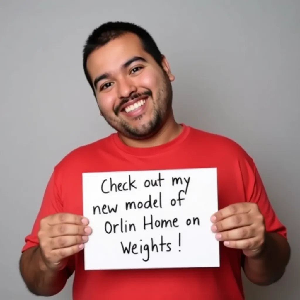 an image of Orlin Home in a red shirt in a gray background smiling at viewer holding a sign saying "Check out my  new model of Orlin Home on Weights!".