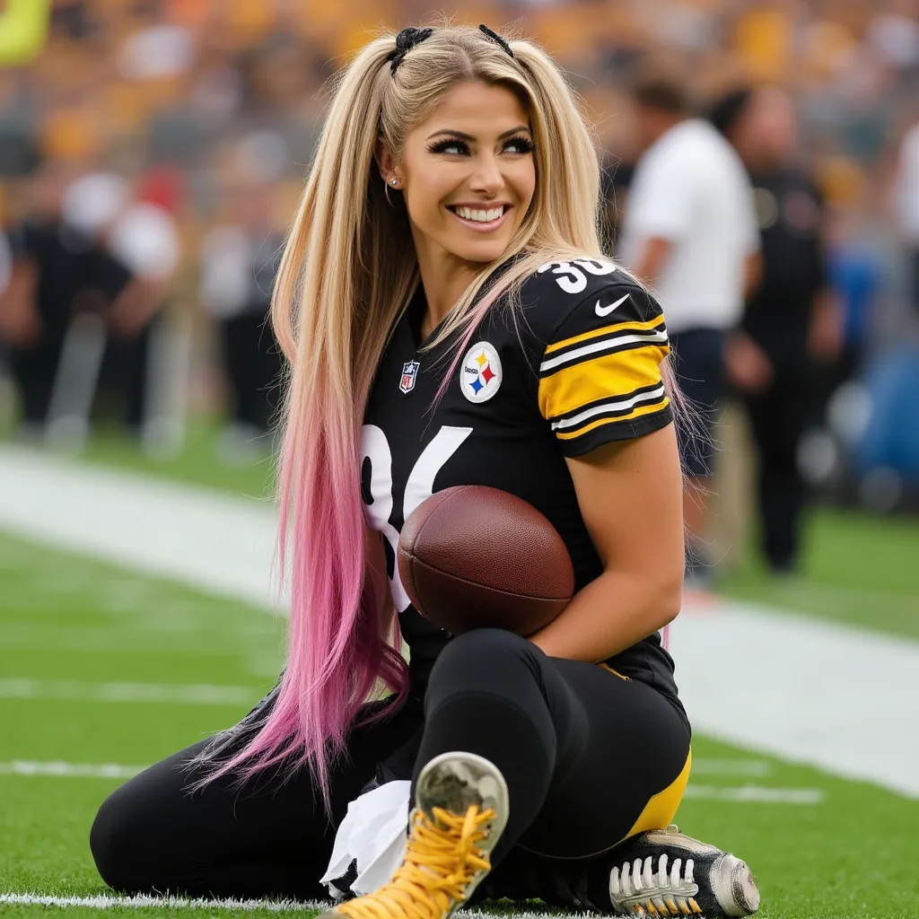 Alexa Bliss with straight long hair and pink roots, wearing earrings, wearing Pittsburgh Steelers american football jersey "#36", wearing Pittsburgh Steelers american football pants, wearing american football shoes, wearing american football gloves, holding a american football, american football stadium, smile, side profile photograph, realistic style, studio lighting, medium telephoto lens, high resolution, 8K detail, natural light, (sharp focus:1.2), (HDR:1.1)