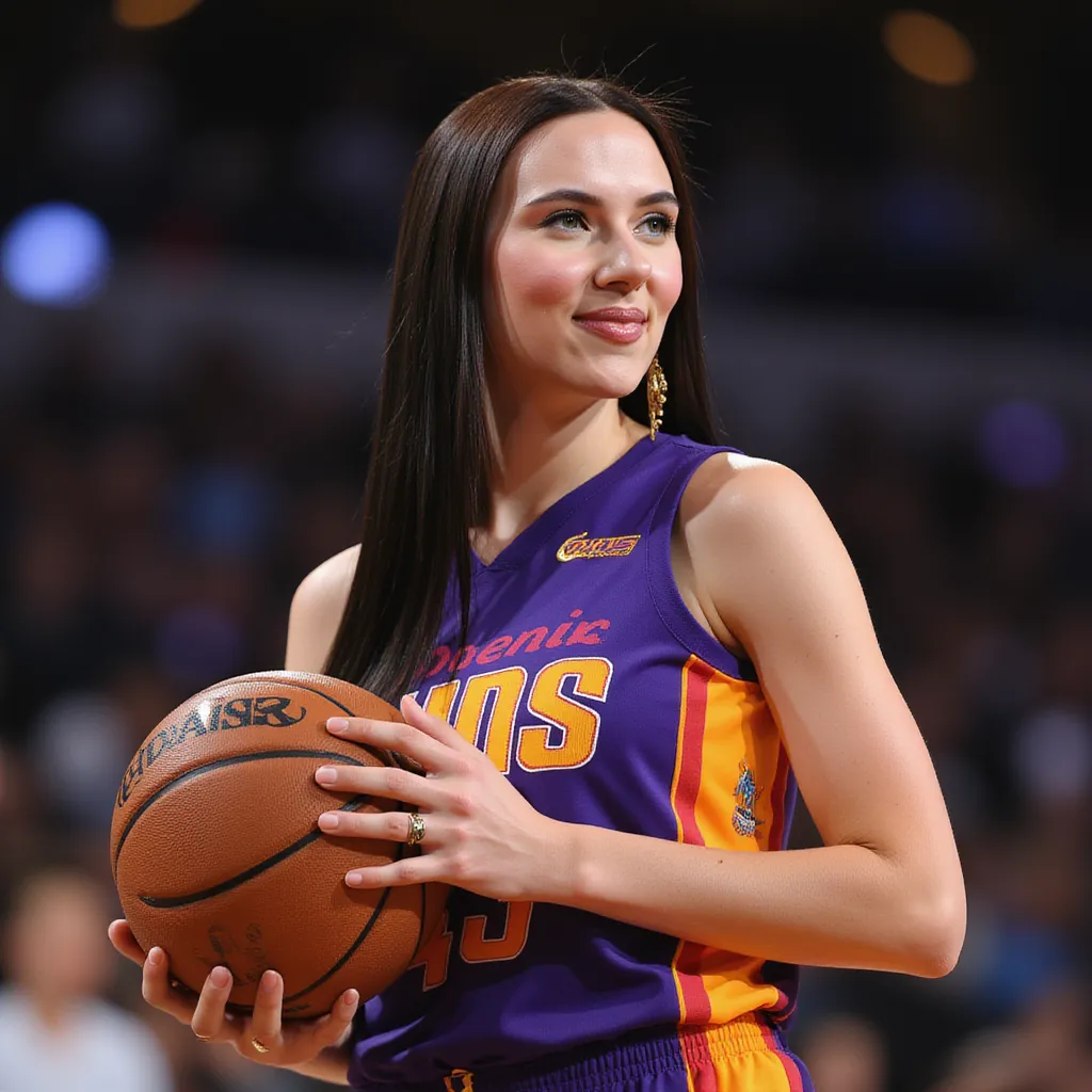 Scarlett Johansson with straight long black hair, wearing earrings, wearing Phoenix Suns basketball jersey "#43", wearing Phoenix Suns basketball shorts, wearing basketball shoes, holding a basketball, basketball arena, smile, side profile photograph, realistic style, studio lighting, medium telephoto lens, high resolution, 8K detail, natural light, (sharp focus:1.2), (HDR:1.1)