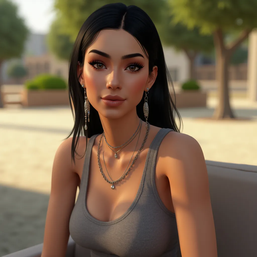 andreabsim women, wearing a stylish gray tank top, a necklace, and long earrings. Her dark black hair is pulled back, sitting on a warm day. realistic style, studio lighting, medium telephoto lens, high resolution, 8K detail, natural light