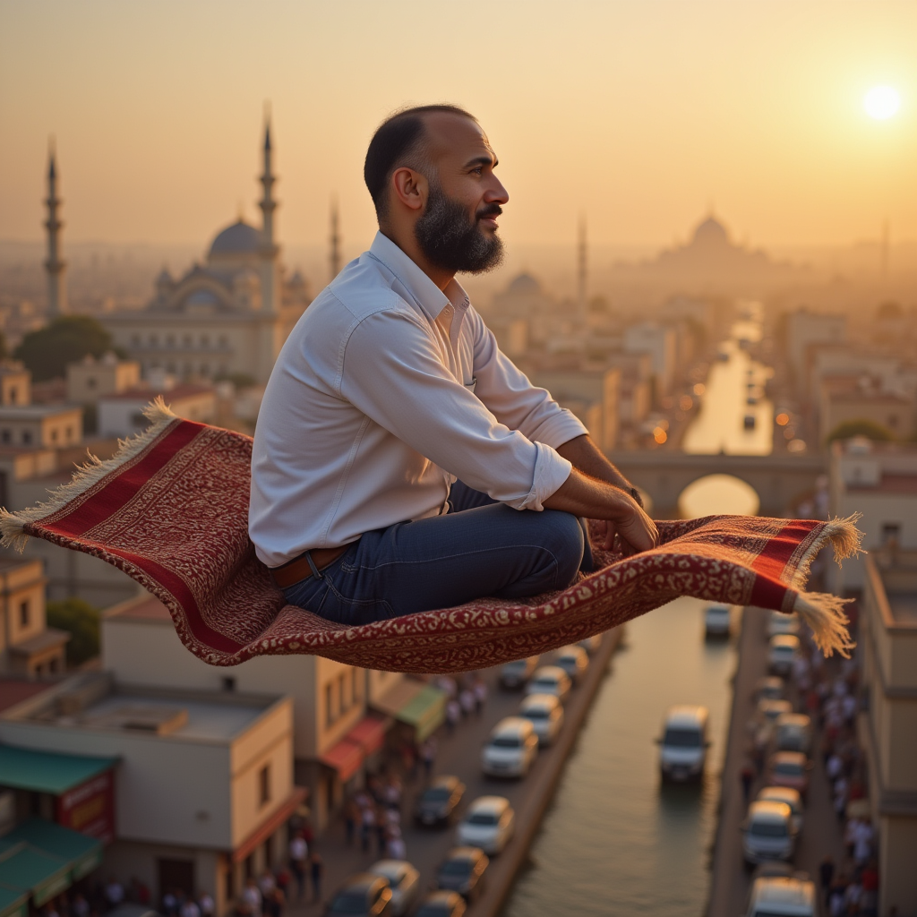 A hyper-realistic scene of a modern Egyptian man in his thirties, with short black hair and a neatly trimmed beard, wearing a slightly unbuttoned white cotton shirt and fitted blue jeans. He is soaring through the sky above Cairo’s skyline at sunset, riding a flying carpet that flutters dramatically in the wind. His shirt and pants ripple with the air, and his body leans forward slightly as if maintaining balance, with one hand gripping the edge of the carpet. His eyes are wide with awe and excitement, reflecting the golden light of the setting sun. Below him, the city glows with life—cars, buildings, minarets, and bridges forming a vivid panorama of Cairo.