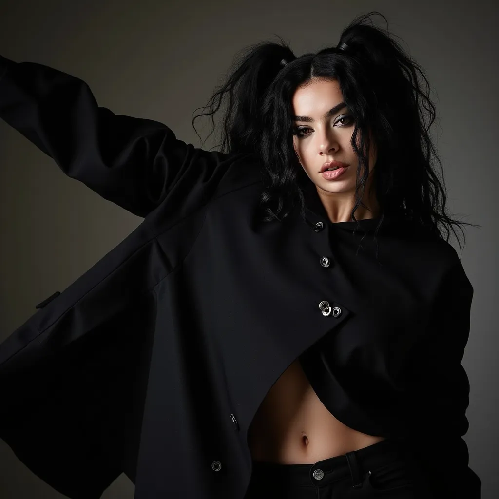 Charli xcx (BRAT) Charli xcx (BRAT) Charli xcx (BRAT) > Charli XCX striking a dynamic pose in a rebel,high-fashion photoshoot, editorial style, fashion magazine aesthetic, inspired by Vogue and high-end fashion , wearing a large oversized jacket, photography, studio setting with dramatic darkness, close-up shot, using a 50mm lens, detailed and highly detailed, 4K resolution, ambient light with a soft focus.