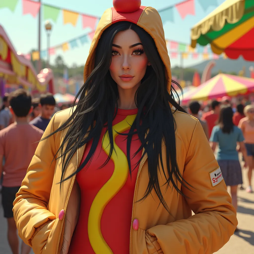 andreabsim woman, with black long hair, dressed in a colorful hot dog costume, standing in a vibrant outdoor festival setting, digital illustration, surrealism and whimsical art styles, inspired by artists like Tim Burton and Yayoi Kusama, captured with a 50mm lens, medium shot from a front view, highly detailed, hyper detailed, soft light, vivid colors, 8K resolution.