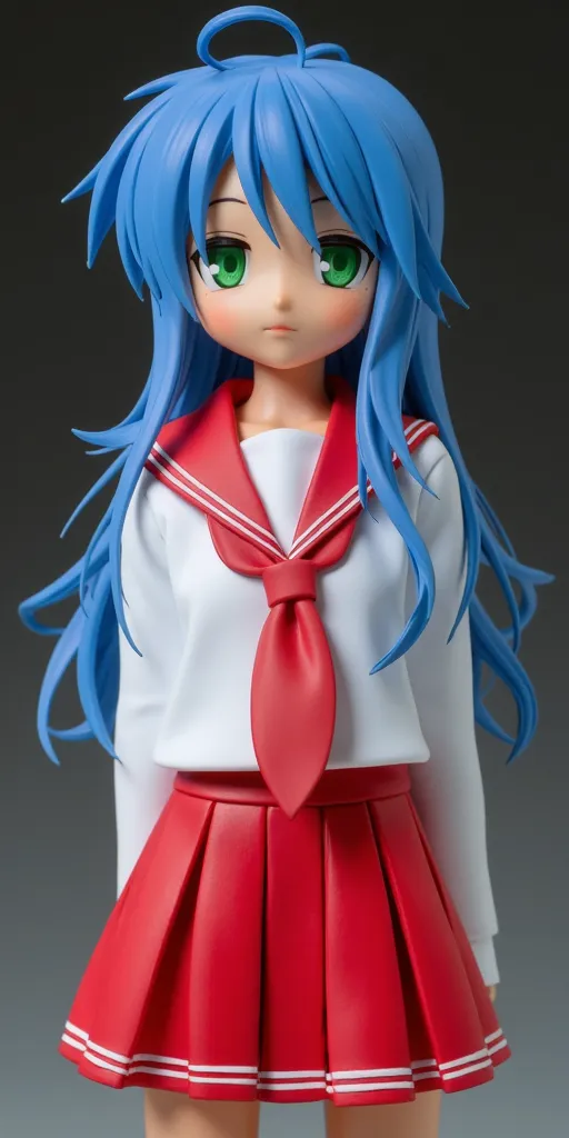 Konata Izumi hot toys, anime collectible figure, articulated action figure, premium toy photography, anime figure design, cinematic collectible, action figure, realistic lighting, green eyes, blue hair, school girl uniform, {red collar}, full body, ahoge, :3, long hair, red skirt, white shirt,