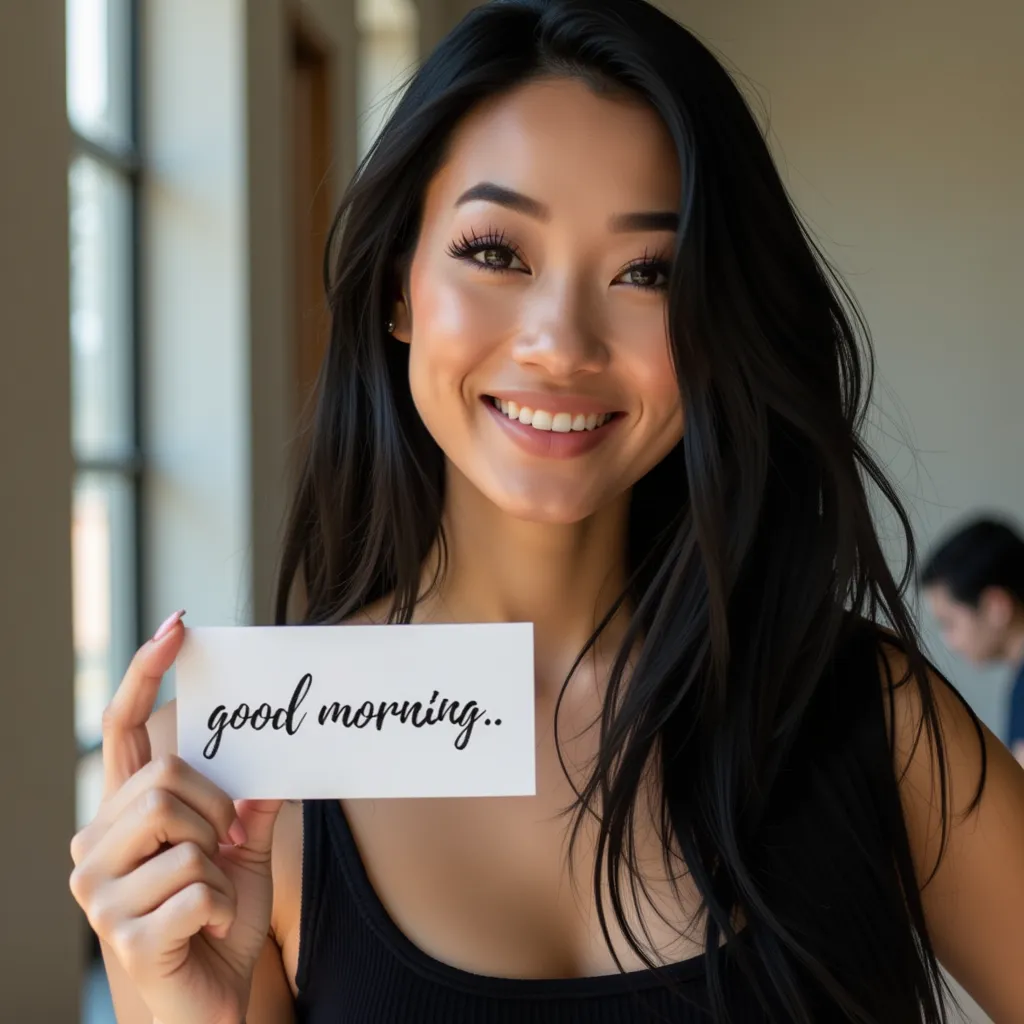 a photograph of andreabsim women, with black long hair, close-up, wearing black tank top, smiling, holding a sign saying "good morning"