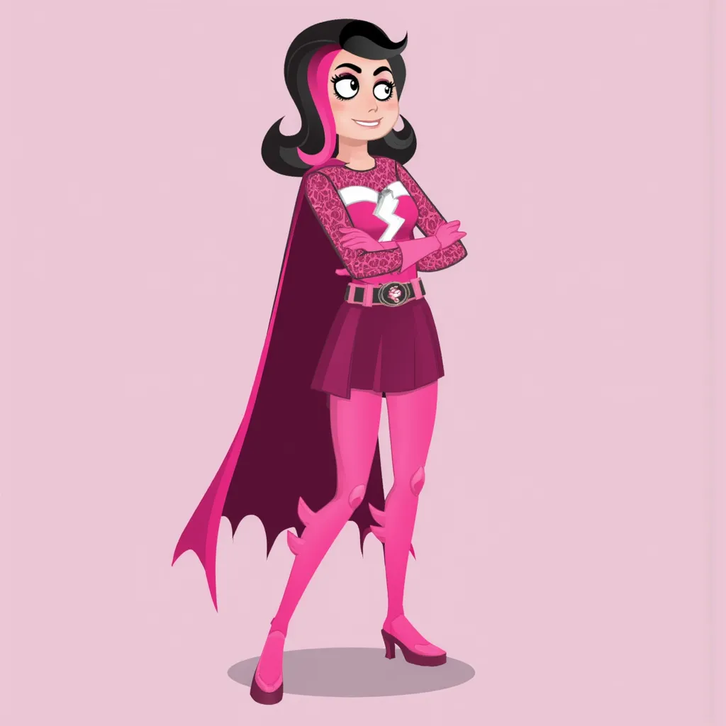 andreabsim women, in SheZow, wearing a pink superhero outfit with white accents, including gloves, boots, and a cape. hair is black with a pink streak. crossed arms.