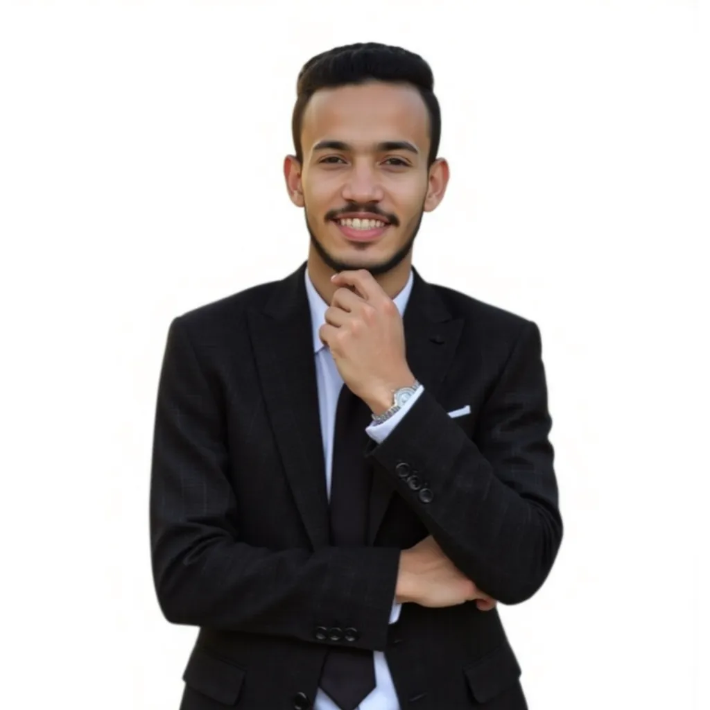 "A person wearing a formal black suit with a black tie and a white shirt. The person stands in a thoughtful pose and gives a pensive facial expression, with their right hand on their chin and their left hand crossed in front under their right armpit. The suit features details such as a black pocket square and buttons on the sleeves. The background is white and free of details."