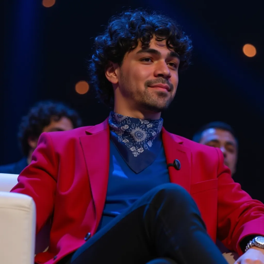 Adam Irigoyen with blue shirt red blazer with bottons blue bandanna in neck black pants black shoes He appears sitting in white chair in grey background with dark blue lights He appears smiling showing your teeth