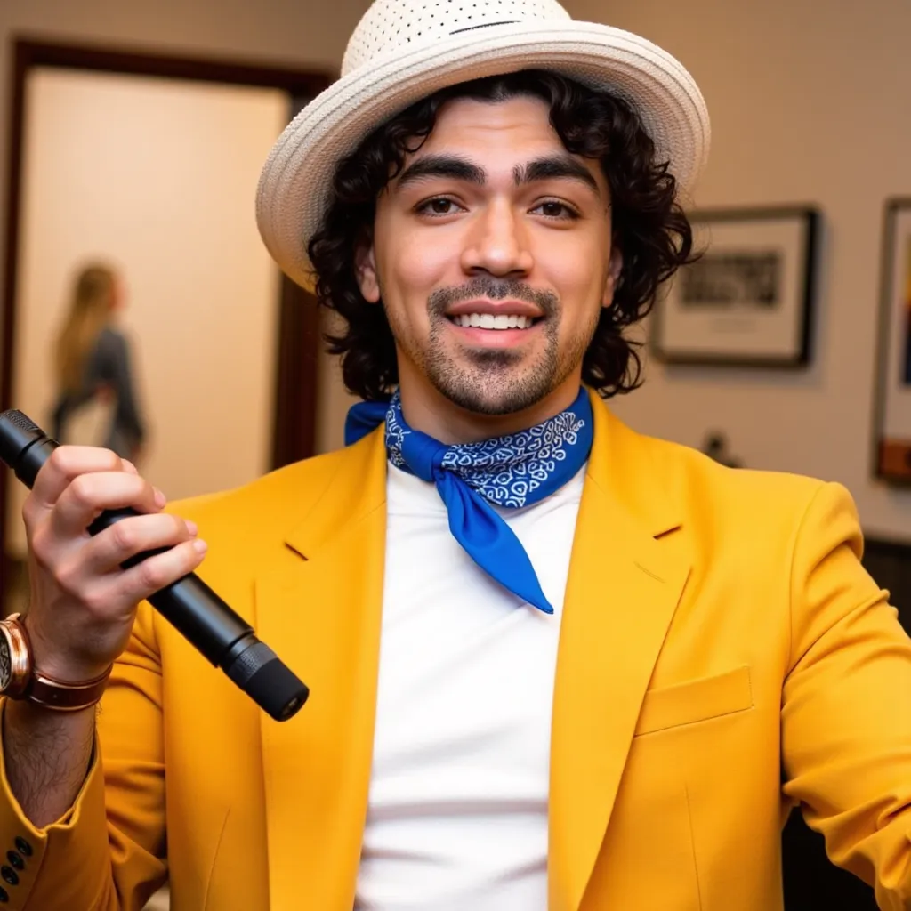 Adam Irigoyen with white T-shirt yellow blazer with bottons white sombrero blue bandanna in neck He appears smile showing teeth with microphone on hand in Album Cover Me with name of Adam Irigoyen in big letters