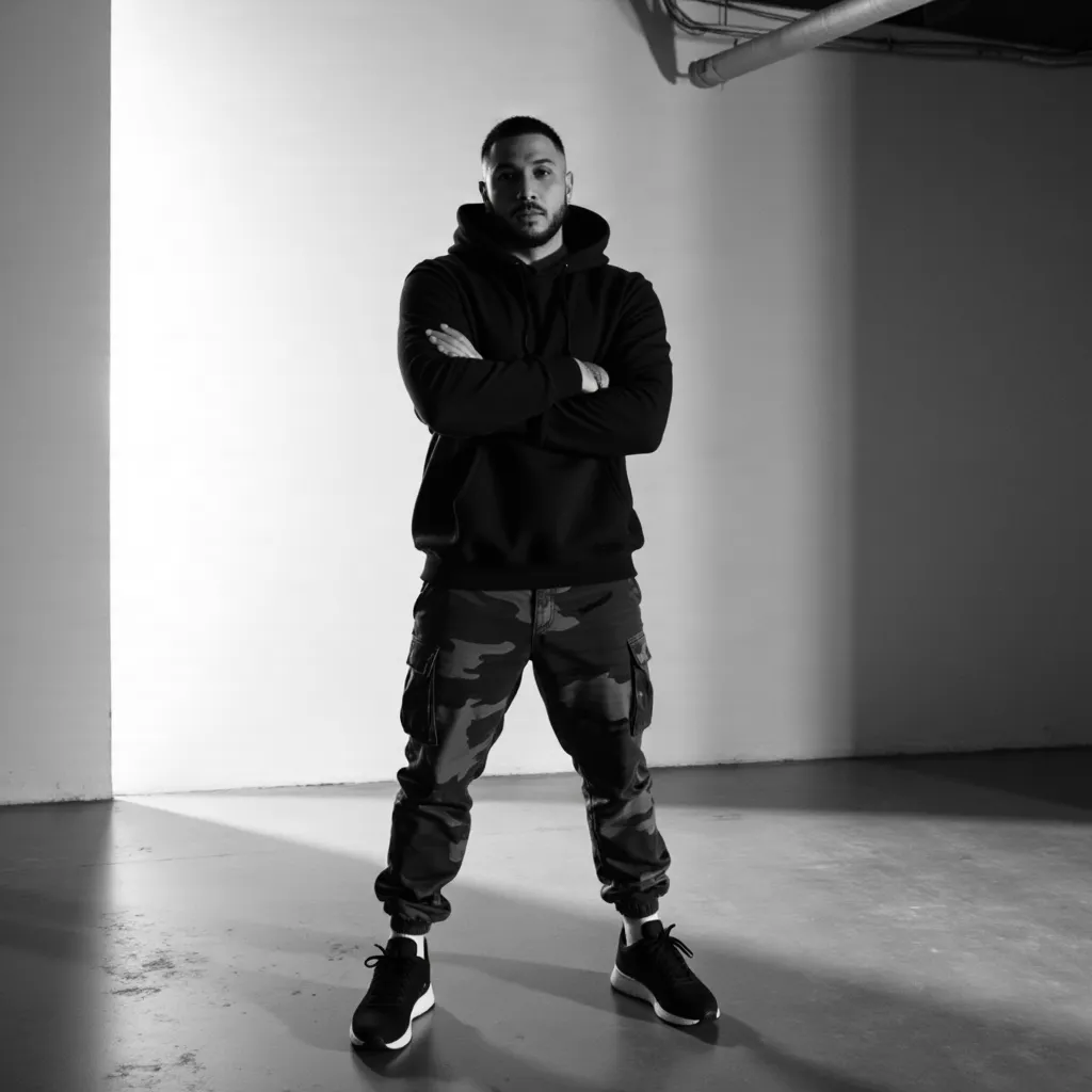 A high-contrast black and white photoshoot with a minimalistic, urban vibe. The subject stands alone in a spacious, slightly industrial setting with subtle shadows cast on the walls. The focus is on sharp, clean aesthetics.

Pose & Expression:

Arms crossed confidently, exuding calm authority.
Serious, focused expression with a slight tilt of the head to emphasize a sharp jawline.
Stance wide enough to convey presence but relaxed.
Outfit & Style:

A bold, oversized hoodie with geometric or striking patterns.
Camouflage pants for an edgy, streetwear vibe.
Chunky, clean sneakers to complete the look.
Accessories minimal or none to keep the focus on the outfit and facial expression.
Hair & Grooming:

0 fade haircut on the sides with very short hair on top, sharp lines, and a clean look.
Well-groomed facial hair or clean-shaven to enhance facial feature  Lighting & Background:

Use soft but directional lighting to create strong contrasts and emphasize shadows.
Plain background with slight