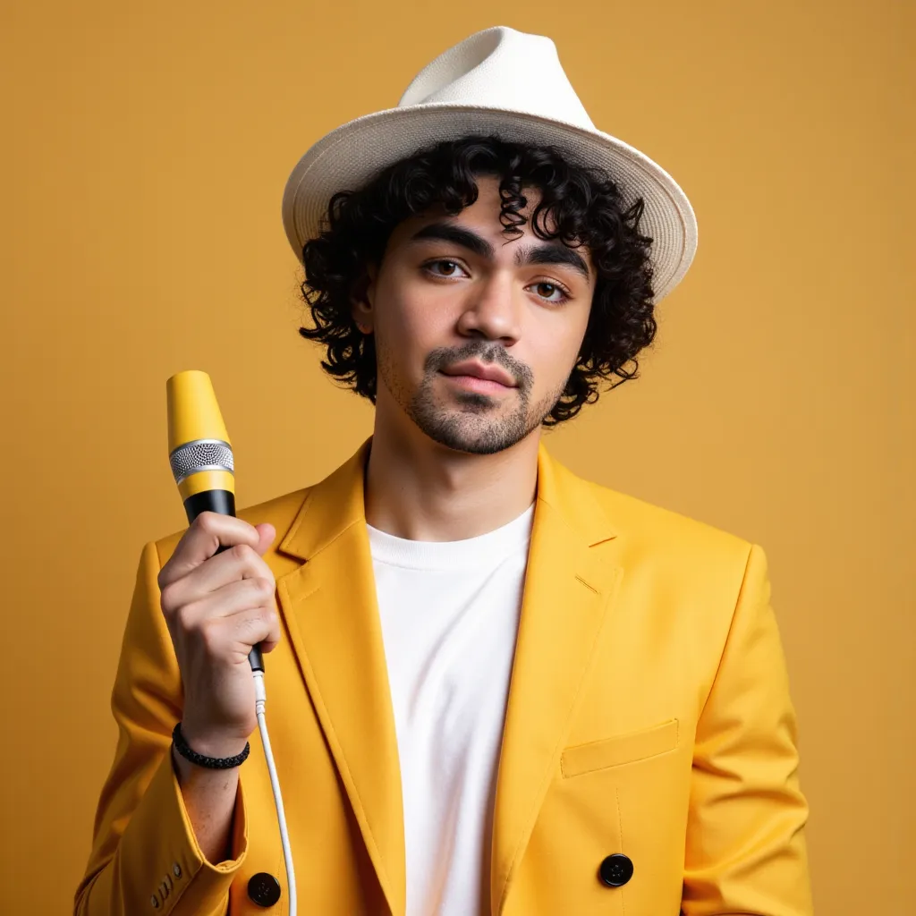 Adam Irigoyen  with white T-shirt yellow closed  blazer with bottons microphone on hand white sombrero He appears smile showing teeth He appears in Album Cover named Me  and written Adam Irigoyen with big letters